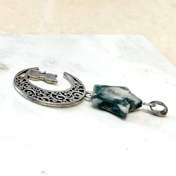 2/$20, Genuine White Green Tree Agate Star & Silver Cat on the Moon Pendant - Picture 2 of 11